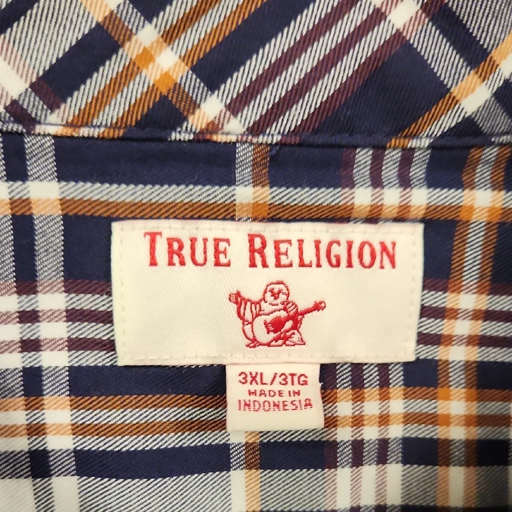 True Religion Plaid Shirt Blue and White Button Down Shirt Mens 3XL‎